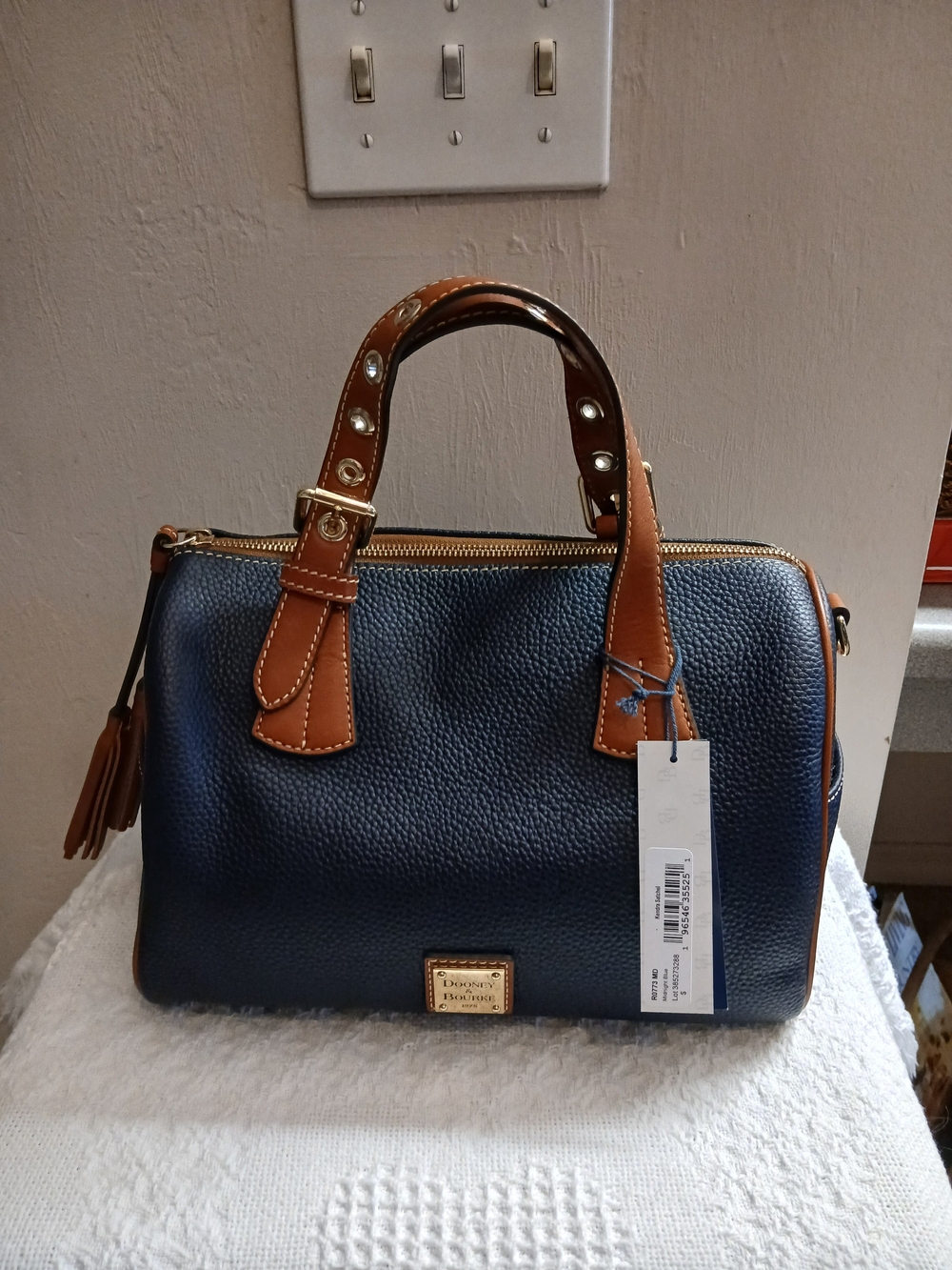 Dooney & Bourke Navy Pebble Leather Satchel with Tan Trim